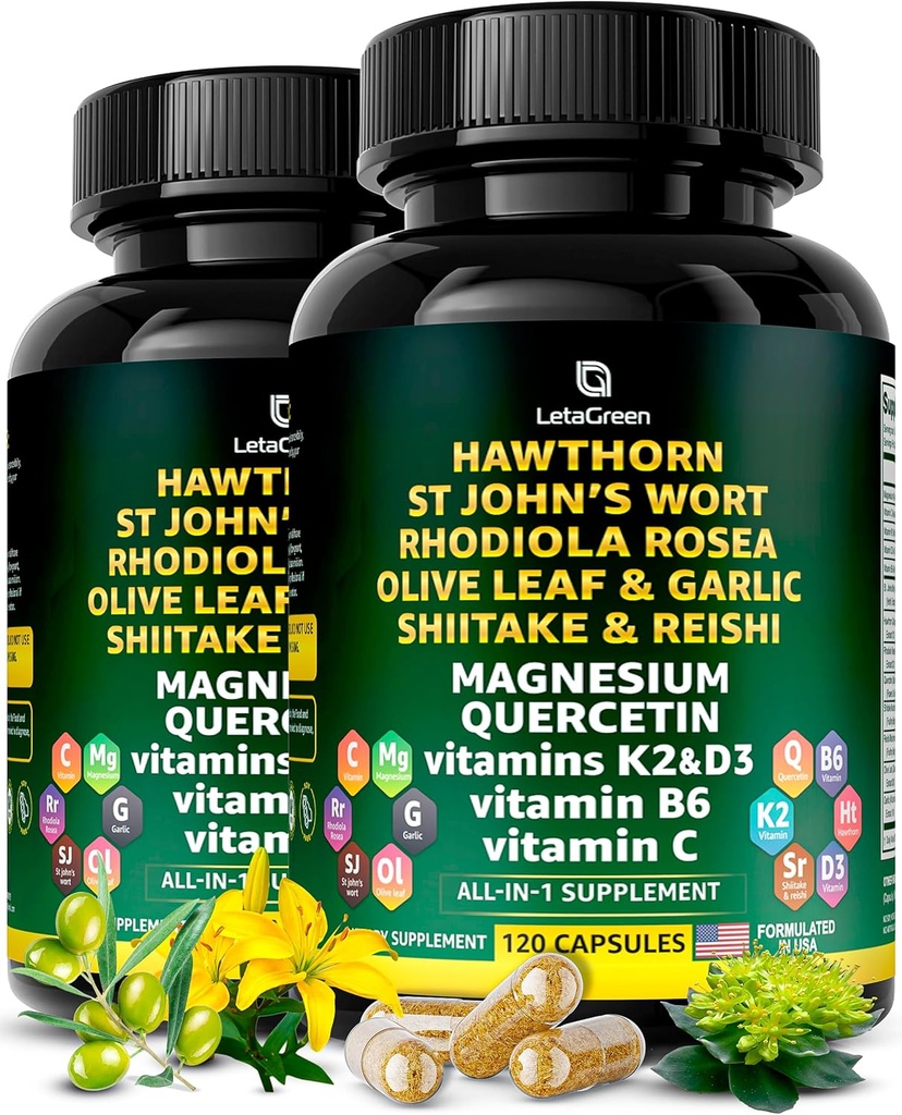 Organic Hawthorn Berry Kapsle - Hawthorn Berry se St Johns Wort Rhodiola Rosea Olive Leaf Shiitake Reishi Houba Quercetin & Vitamin C, D3, K2, B6 & Magnesium (240 Počet)
