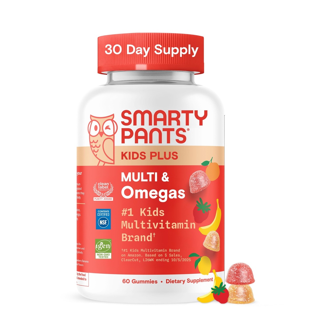 SmartyPants Kids Multivitamin Gummies - Lepší vzorec: Omega 3 (DHA / EPA), Vitamíny D3, C, B12, B6, Vitamin A, K & Zinek, Gluten Free, Tři ovocné příchutě, 60 Počet (30 Day Supply)