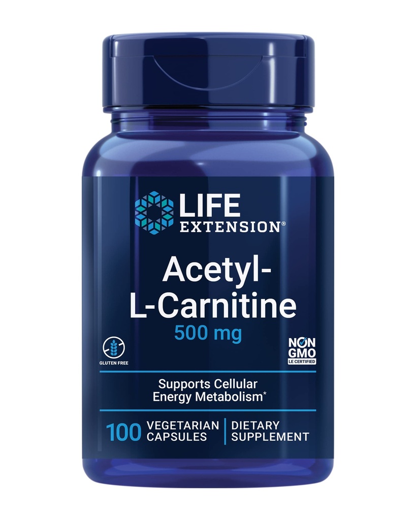 Life Extension Acetyl- L- karnitin, Acetyl- L- karnitin, Vitamin C, Brain, Mood & Nerve Health, Cellular Energy, 3- Month Supply, Gluten- Free, Non- GMO, Vegetarian, 100 Kapsle