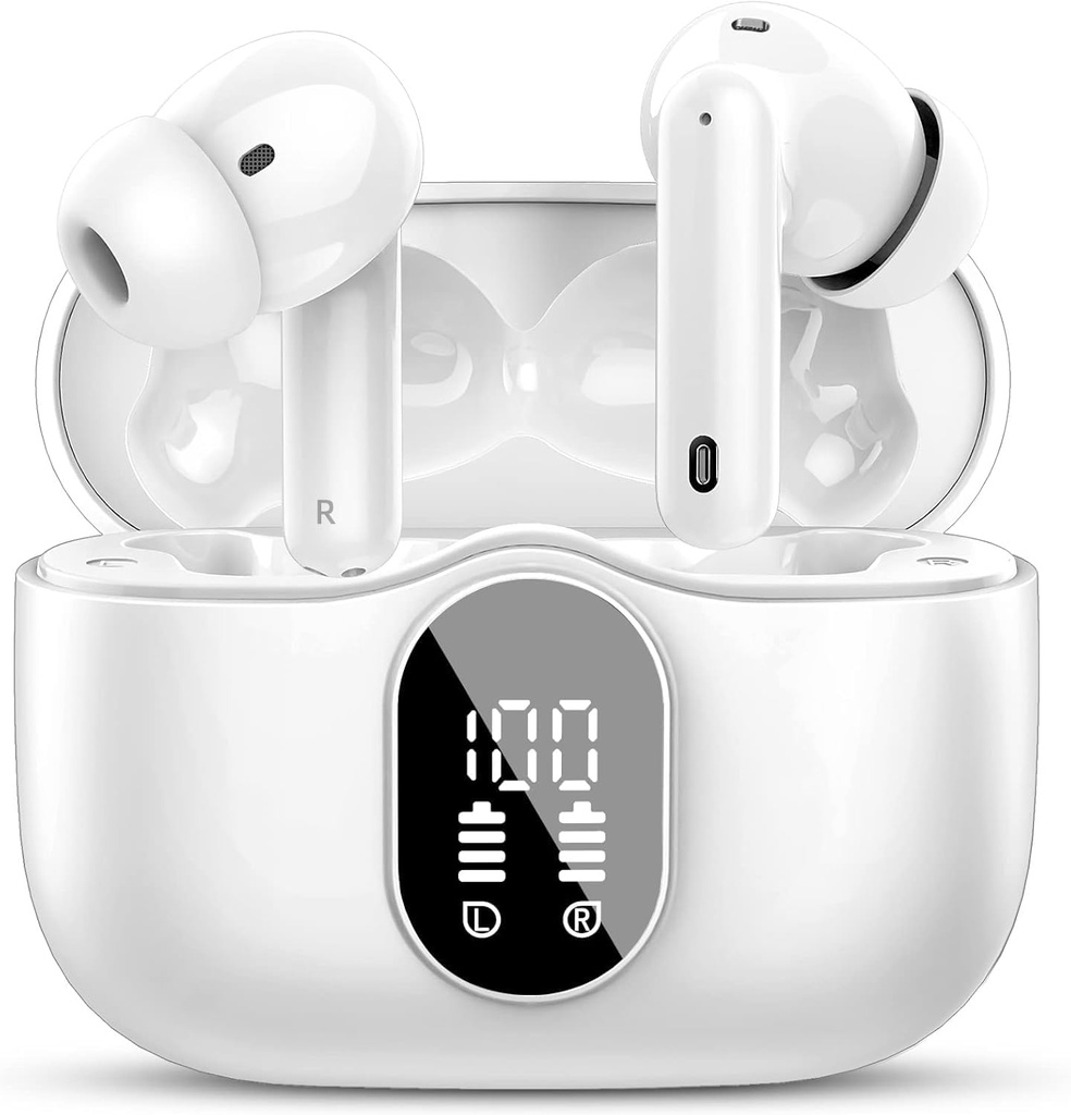 Btootos Bezdrátové sluchátka Bluetooth 5.4 Sluchátka Bass Stereo Ušní Budy s hlukem Cancelling Mic LED displej v Ušní sluchátka IP7 Vodotěsný 36H Playtime pro Laptop Pad Phones Sportovní cvičení White