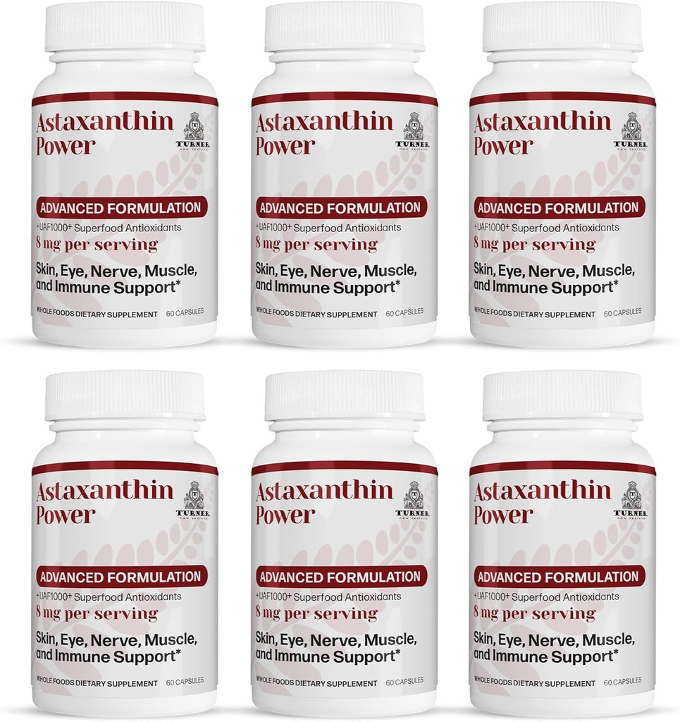 TURNER Nový Zéland Astaxanthin Power s UAF1000 +, Anti- Aging, Kůže, Oko, Nerve, Muscle Recovery, imunitní podpora Antioxidant dodatek, 12 mg Astaxanthin, 180 Podání, 6 lahví