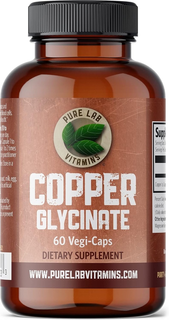 Čisté Lab Vitamíny Měděné Glycinát Mineral Supplement 1 mg - 60 Vegan Caps Essential for Collagen Production, podporuje imunitní systém & Red Blood Cell Formation - Gluten Free Made in Canada