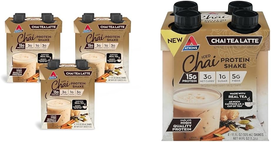 Atkins Chai Tea Latte Protein Shake Bundle s 15g protein, 3g Net Carb, 1g Cukr (4 balení) Iced Chai Tea Latte Protein Shake