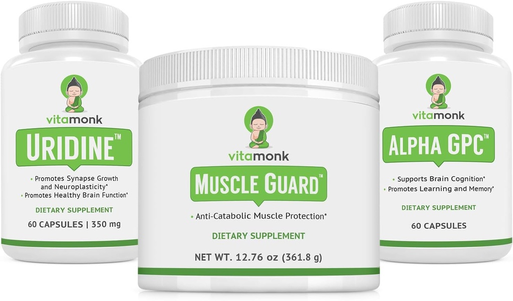 VitaMonk Muscle Guard & Alfa GPC Uridine Stack Bundle, HMB, EAA, Vitamin D, Magnesium & Brain Support for Focus, Clarity, and Muscle Growth