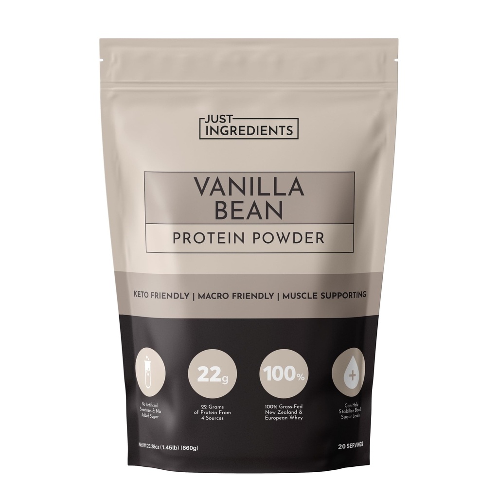 JUST INGREDIENTS Vanilla Bean Protein Powder - 20- Serving Blend with 100% Grass- Fed Syrovátka & Organic Plant Proteins - Real Vanilla Bean & Cinnamon - Podporuje svalovou obnovu, Energie *