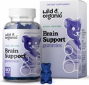 Wild & Organic Brain Support Gummies - Focus Supplement w / Ashwagandha Root, Vitamin B12, Ginkgo Biloba, Bacopa - Veganské Chews for Clarity & Productivity - 60 Brain Gummies