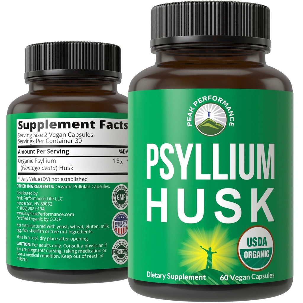 USDA Organic Psylium Husk Vegan Kapsle Vyrobeno s organickým Psylium Husk Seed. Fiber dodatek pro Gut. Digestivní Prebiotika. Prášky na jídlo, Roughage bez nafouknutí. Tablety