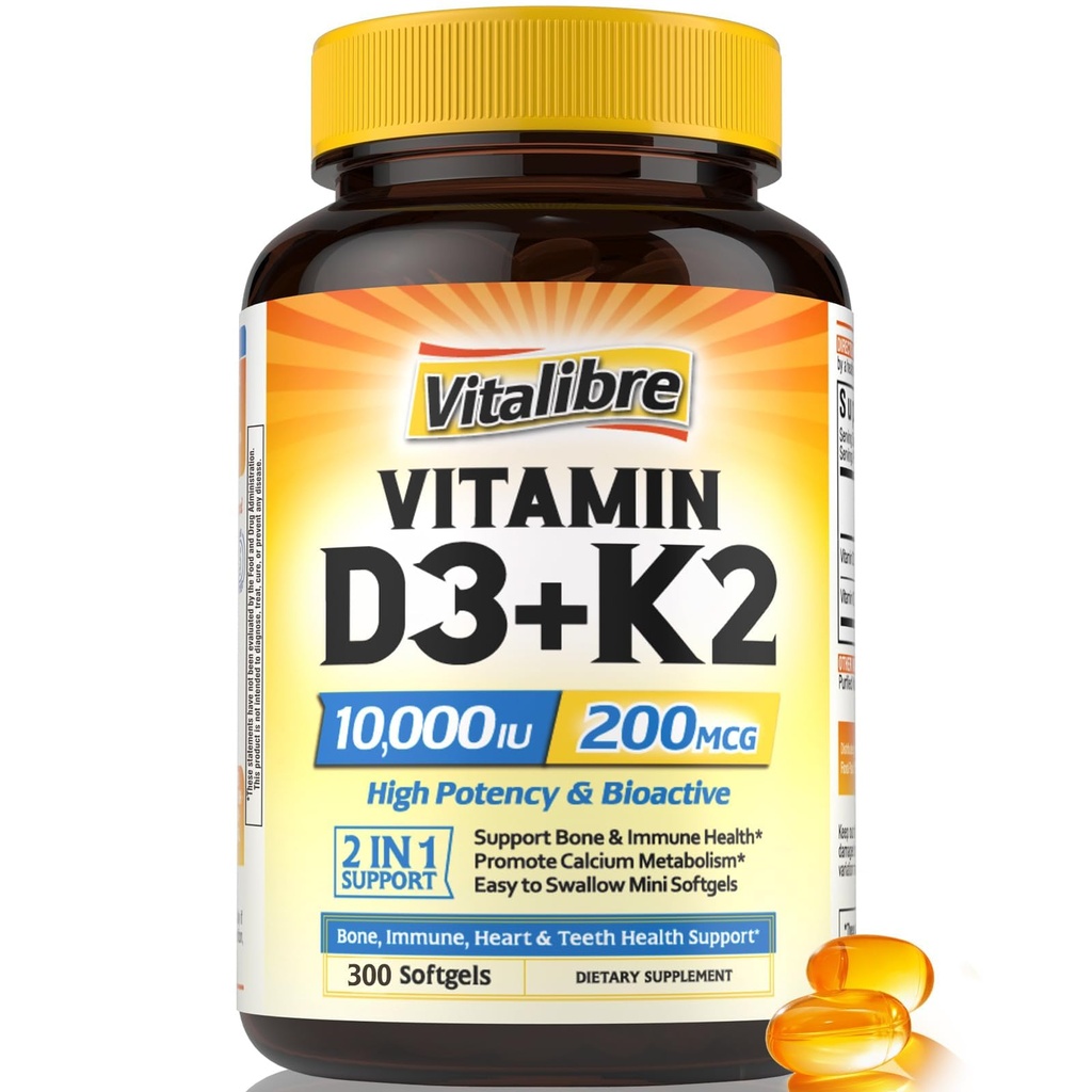 Vitamin D3 K2 dodatek, 10000 IU D3 / 200 mcg K2 MK7, Absorpce vápníku, kost, srdce, imunitní a moodová podpora, zvýšená absorpce, No Soy, Snadno polykat, 300 Softgels