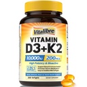 Vitamin D3 K2 dodatek, 10000 IU D3 / 200 mcg K2 MK7, Absorpce vápníku, kost, srdce, imunitní a moodová podpora, zvýšená absorpce, No Soy, Snadno polykat, 300 Softgels