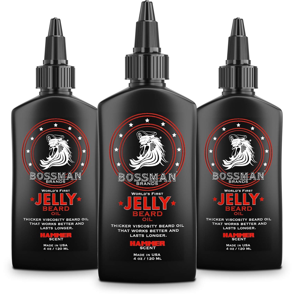 Bossman Jelly Beard Oil pro muže - 3 balení (12 oz v celkem, Hammer Scent) - Softens, hydratuje & podmínky s přírodními složkami