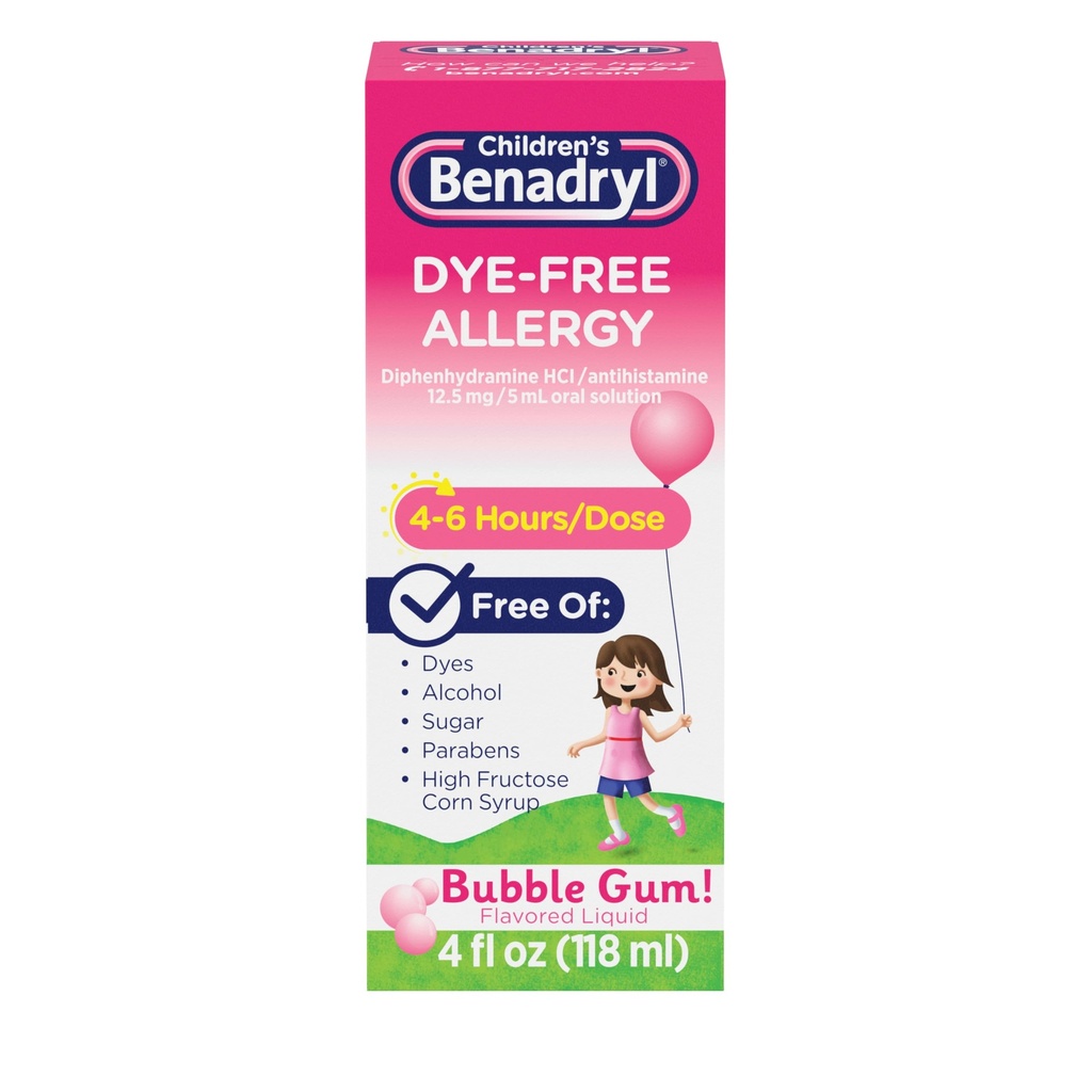 Benadryl Dye- Free Alergics Relief Liquid + 12, 5 mg Difenhydramine HCl, Antihistaminium Alergical Medicine for Kids Helps Relieve Runny Nose & Nneezing, Bubble Gum Flavor, 4 fl. oz