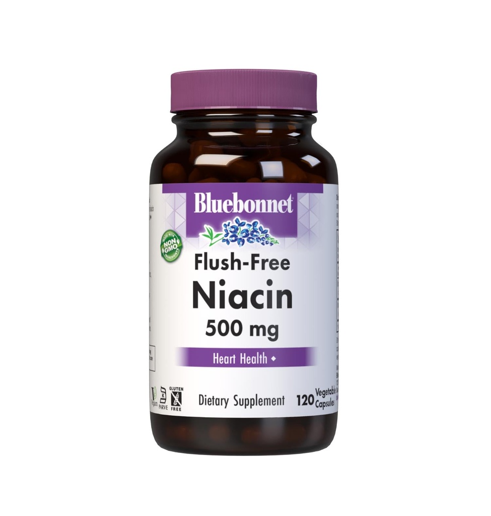 BlueBonnet Nutrition Flush- Free Niacin 500mg, pro nutriční kardiovaskulární podporu zeleninové kapsle, Soy / Dairy / Gluten Free, Non- GMO, Kosher Certified, Vegan, White, 120 Počet