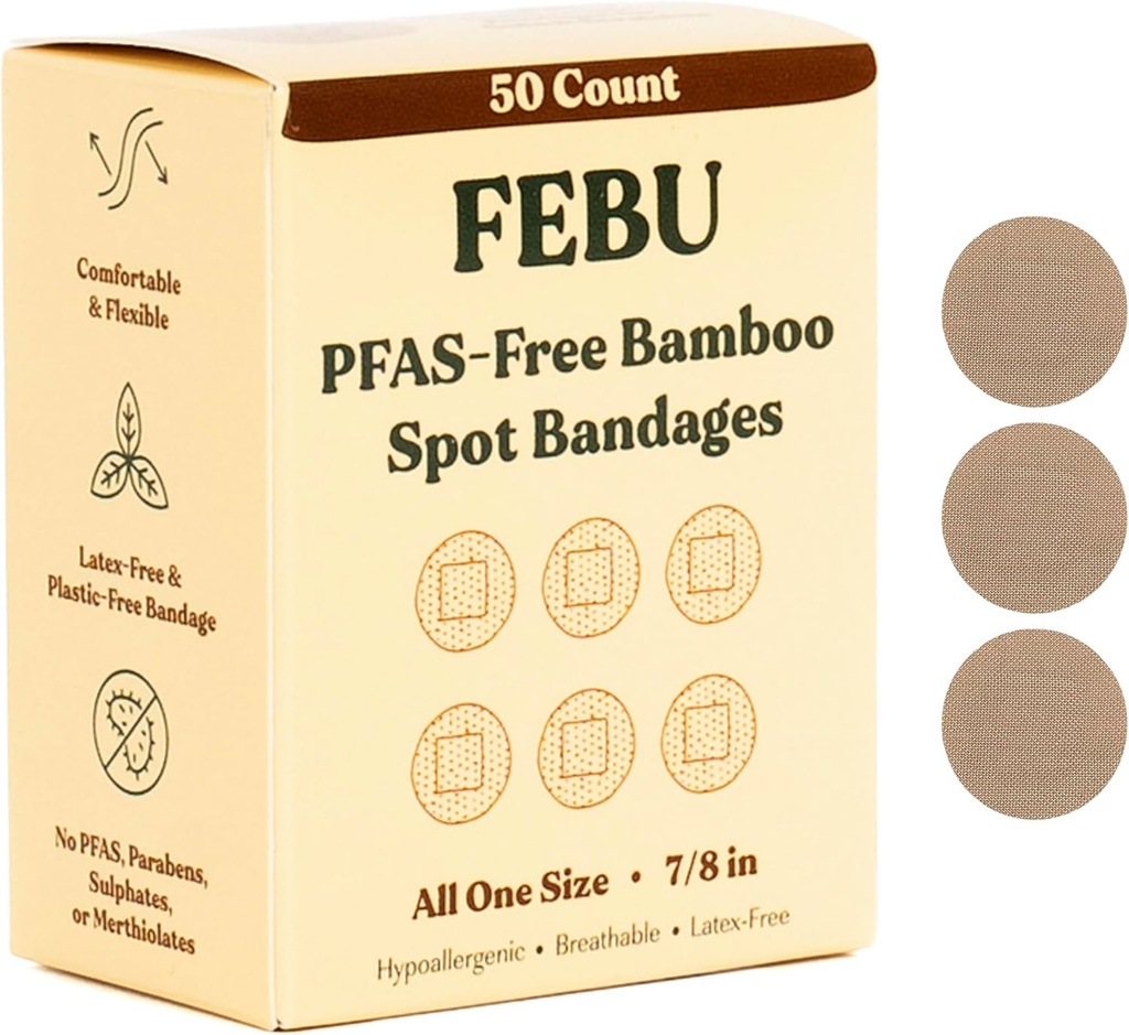 FEBU Eco- Friendly Bamboo Fabric Bandages CLAS124; PFAS Free Bandages for Scraps & Cuts CLAS124; Flexible Fabric Bandage CLAS124; Fully Composible, Latex Free Bandage CLAS124; 50 Count Spot
