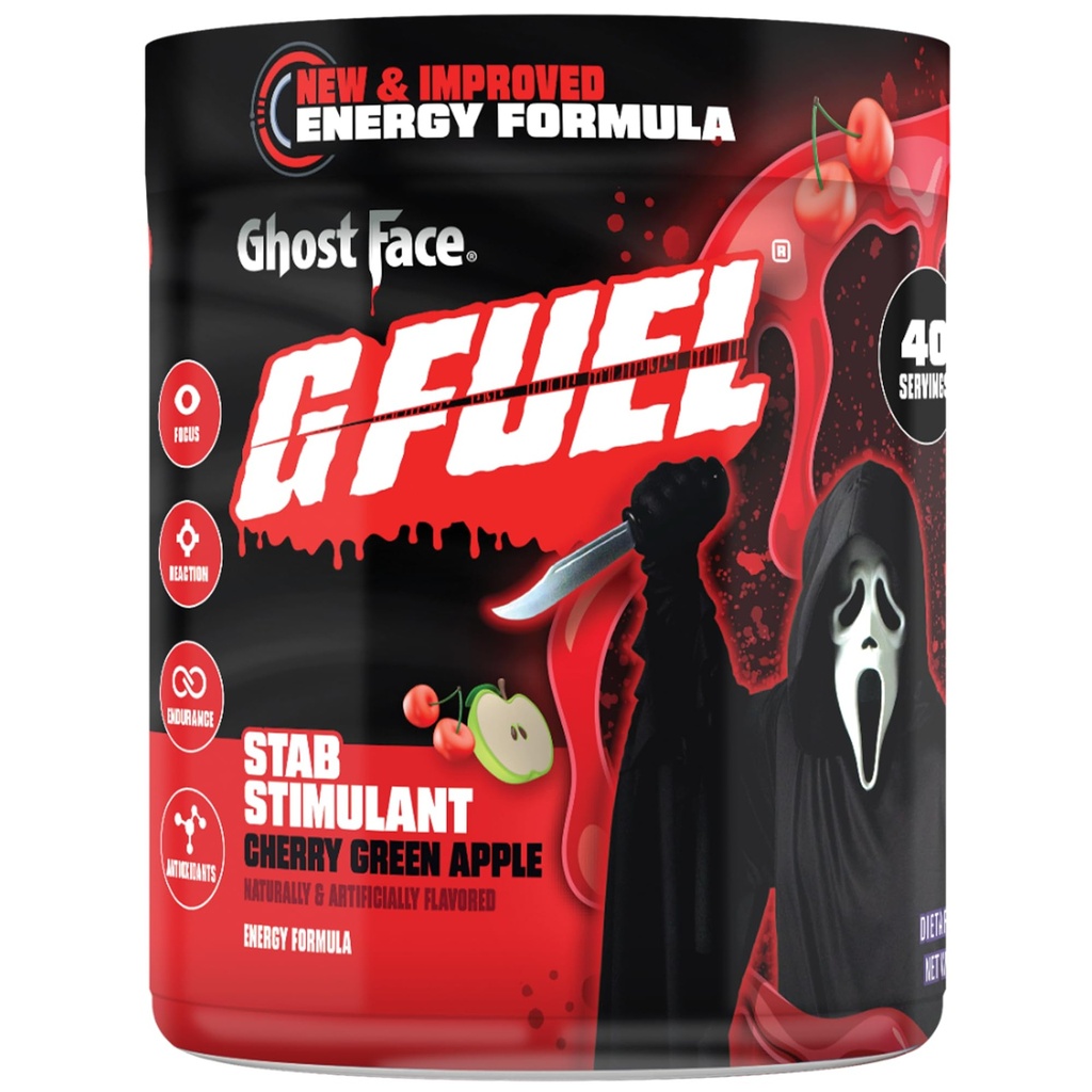 G Fuel Ghost Face Energy Drink Powder, Pre Workout Caffeine Mix for Gaming, Cukr Free Focus Amino, Vitamin + Antioxidanty, 9.9oz (Cherry Green Apple, 40 Servings)