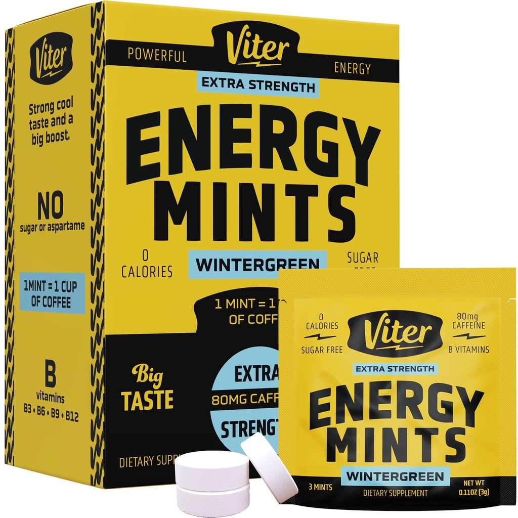 Viter Energy Caffeine Mints 80mg Extra Strength - 90 kusech Caffeinované s B vitaminy. Sugar Free Vegan Dech Mint. Energize nootropic Focus Booster pro rychlou bdělost (Wintergreen Flavor, 30 Pack)