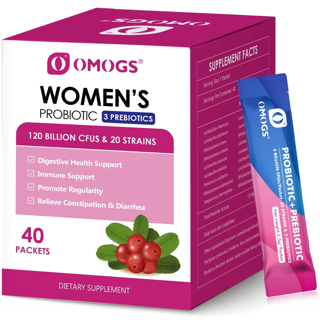 OMOGS Ženský Probiotický, 120-Billion-CFU, 18 Straines, s 3 Prebiotika a Cranberry Extract, Nápověda pro imunitní booster, stravovací zdraví, Gut zdraví a Vaginální zdraví