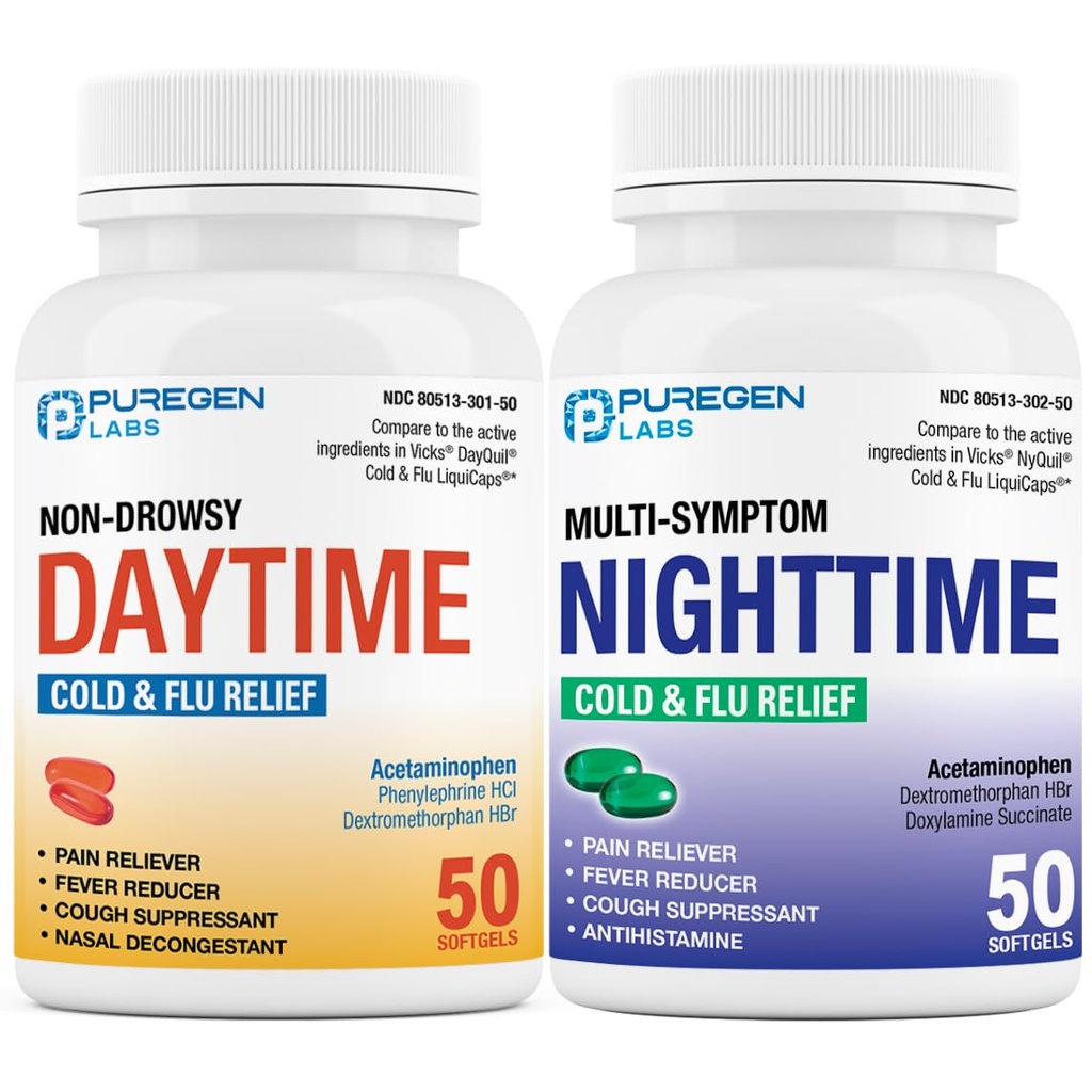 Puregen Labs Daytime and Nightime Combo Pack, Cold and Flu Relief Medicine CLAS124; Výkonný multi- Symptom Daytime and Nightime Relief for Head, Fever, Sore Throat, Cough, Congestion and Aches