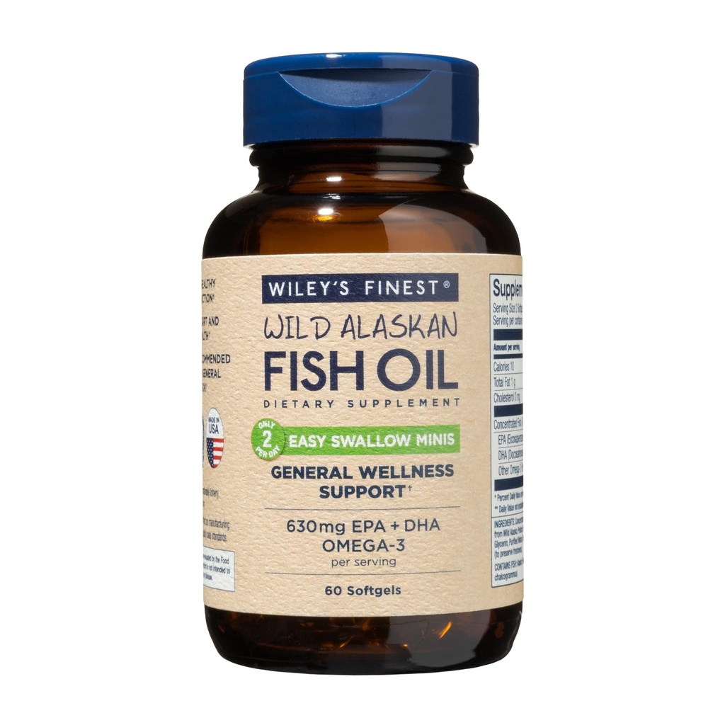 Wiley 's Finest Wild Alaskan Fish Oil Easy Swallow Minis - Omega33 Rybí olej dodatek pro dospělé a děti - Double-Strength 630mg EPA a DHA přírodní doplněk - 60 Mini Softgels (30 Služeb)