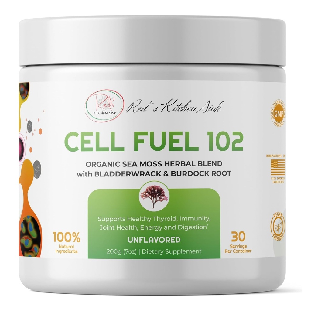 Red 's Kitchen Sink Cell Fuel 102 - Organic Sea Moss Powder with Bladderwrack & Burdock Root C124; Dr. Sebi Inspired Herbal Blend C124; Vegan, Natural, 30 Servings (7oz)