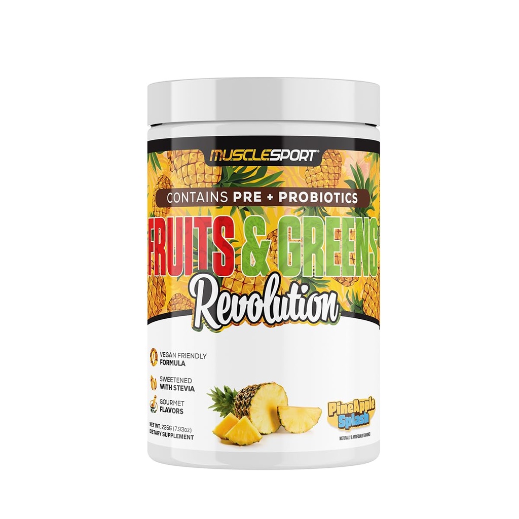 Musclesport Fruits & Greens - Ovoce, zelenina a antioxidant dodatek, včetně pšeničné trávy a spiruliny, přidána vláknina a probiotika - 30 Služeb (Ananas Splash)