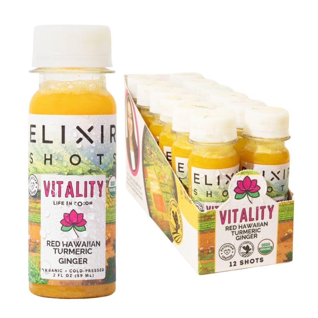 Elixir Panáky, Vitalita Imunita Wellness Shot se 100% organických složek, Cold- Pressed Red Hawaiian Turmeric, peruánský zázvor, ananas a černý pepř, bez cukru nebo umělé přísady, 12 Pack