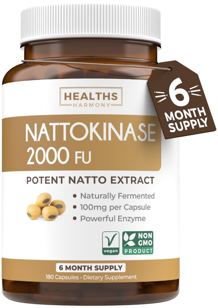 Zdraví Harmony Nattokinase 2000 FU (Non- GMO) Výkonný doplněk Nattokinázy Vyrobeno z přirozeně fermentovaných sójových bobů - (6 měsíců dodávky) 180 Vegan Natto Kapsle