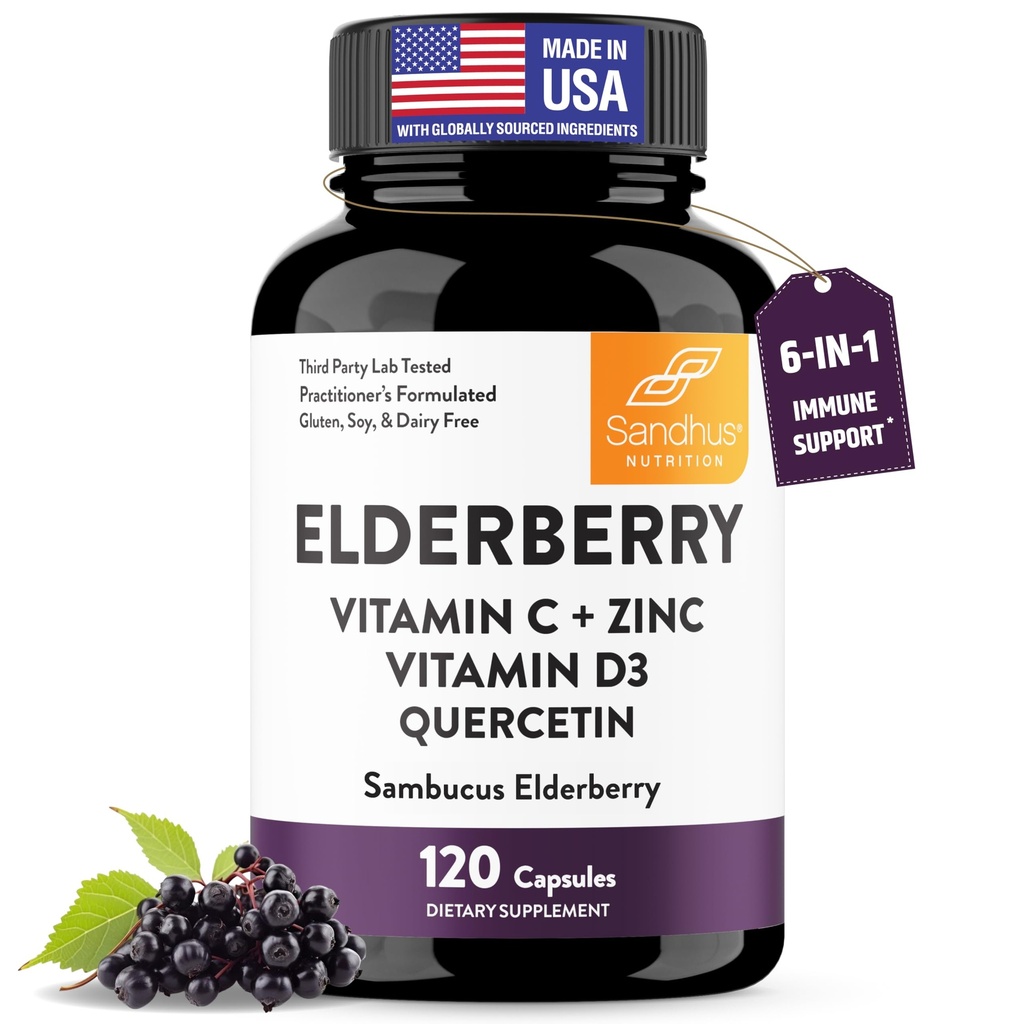 Sandhu 's Elderberry Vitamin C a zink s vitamínem D3 & Quercetin 124; Doplněk Kapsle pro muže a ženy 124; Podporuje imunitní zdraví 124; 120 Počet (balení po 1)