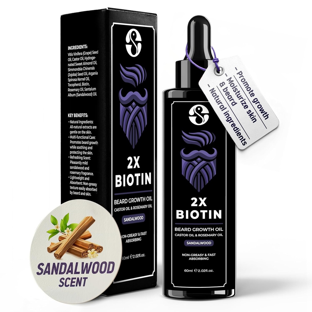 Biotin Koncentration Beard Thickener & Softtener - 2oz with Castor Oil, Rosemary Oil, and Vitamins - Sandalwood Scent for Men