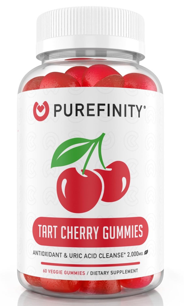 PUREFINITY Tart Třešňové gumy - Acid Flush pro společnou pomoc a obnovu, Surová šťáva Extract Antioxidant - Non- GMO, Gluten Free, Vegan, 60 Počet