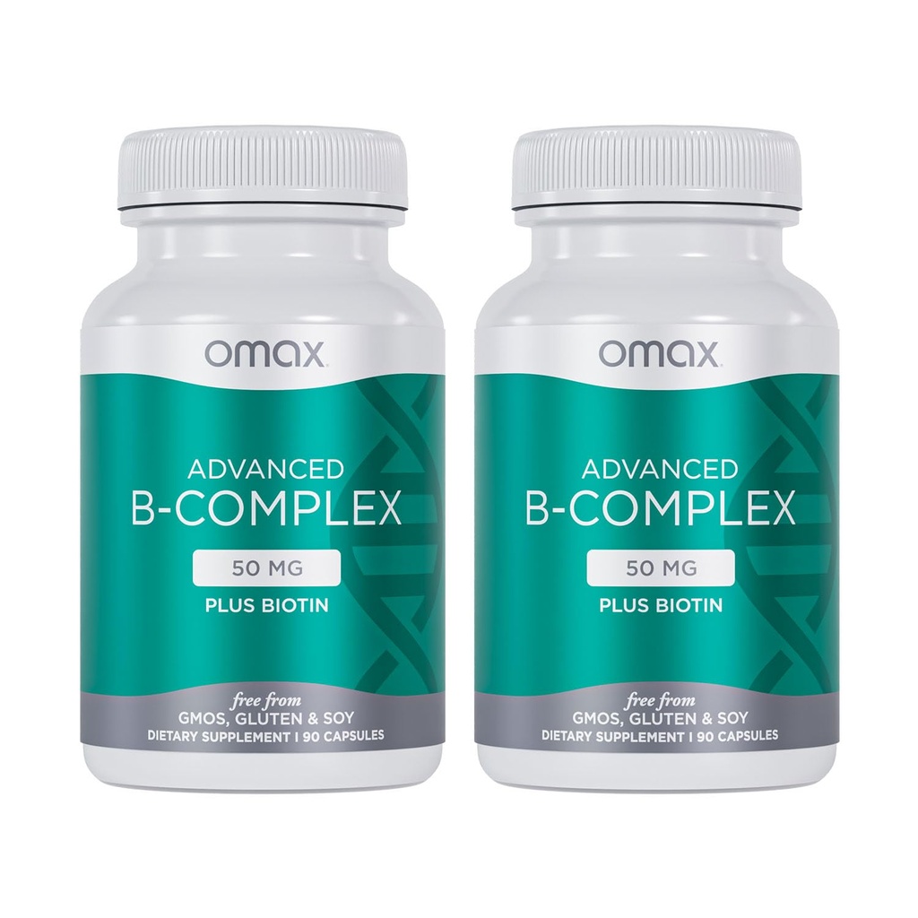 Omax3 2 Lahvičky - Advanced Vitamin B Complex 50MG s Biotin guma 124; Silné a lesklé vlasy, Kožní nehty, Podpora stresu, imunita, Energetický metabolismus, 90 Kapsle / per Lahvička