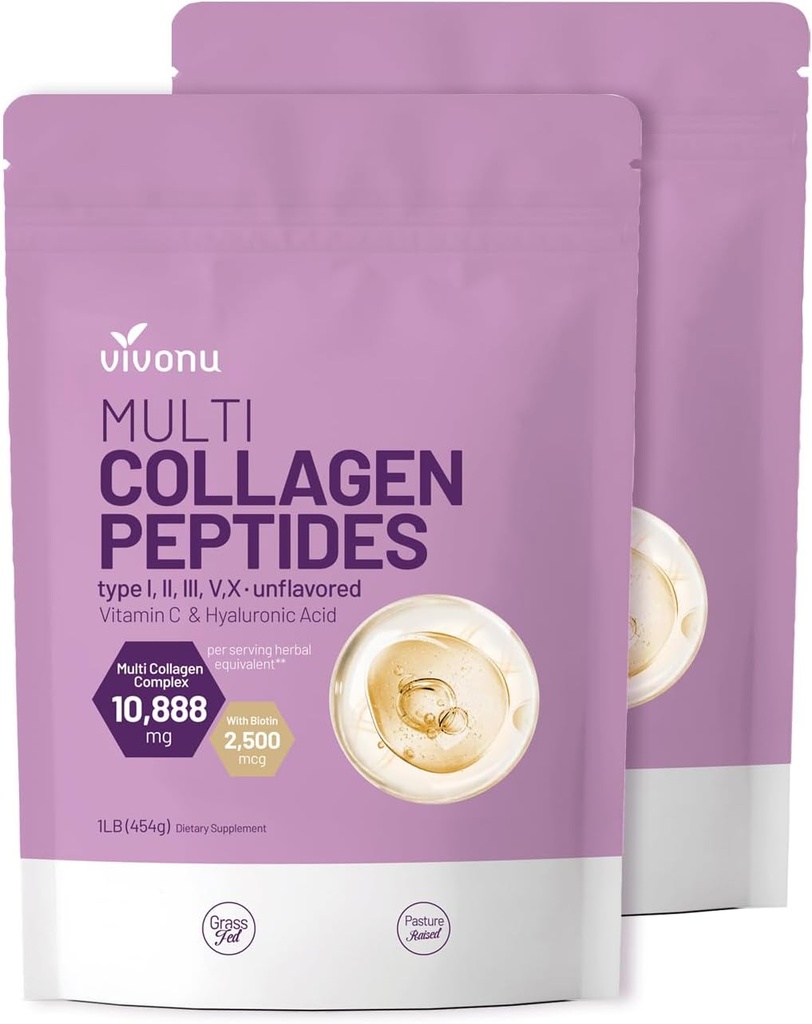 Vivonu Multi Collagen Peptides Powder, 16 Oz Hydrolyzované proteinové Peptidy C124; Typ I, II, III, V, X s Hyaluronic acid, Biotin & Vitamin C Neochucené Keto Paleo Friendly, Ez Mix in Drinks (2LB / 2Pack)