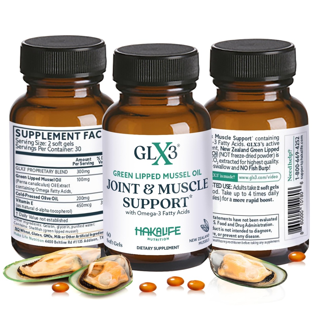 GLX3 Zelená Liped Mussel Oil kapsle pro společnou a svalovou podporu CLAS124; Extra-Strength ETA, EPA, DHA Omega33 Zelená Liped Mussel Dodatek pro pohodlí, pružnost a obnovu HakaLife GLX3