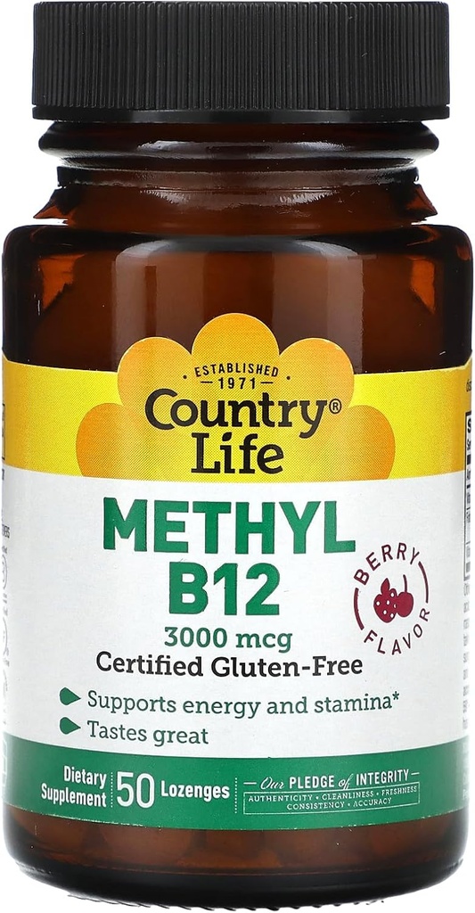 Country Life - Superior B-12, Berry Ochucené, 3000 mcg - 50 Sublingual Lozenges