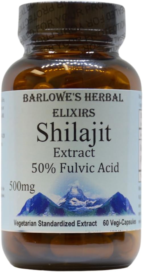 Barlowe 's Herbal Elixirs Shilajit Extract 124; 500mg per Capsule Current124; 50% Fulvic Acid Current124; Mineral- Rich Himaláan Supplement for Vitality & Wellness Current124; 60 Vegan Capsules Current124; Non- GMO, gluten- Free, Glass Bottled