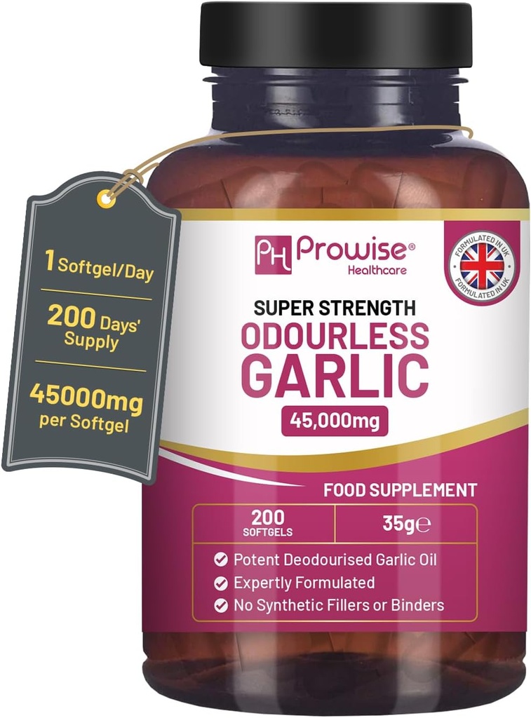 Premium Bezzápach Česnek Kapsle 124; 45,000mg na softgel 124; 200 softgelů (ne Tablety) Super vysoká síla 124; Studený lisovaný a deodorovaný Premium Česnek Oil Extract z Allium Sativum