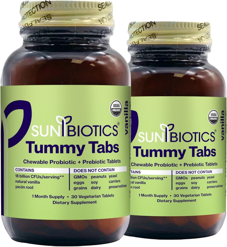 SUNBIOTIC Tummy Tabs - Chewable Probiotic and Prebiotic Tablets with 18 Billion CFU of 4 Probiotic Strains for Good Gut Flora, Imunitary System, & Balanced Microbiome - Vanilla, (Pack of 2)
