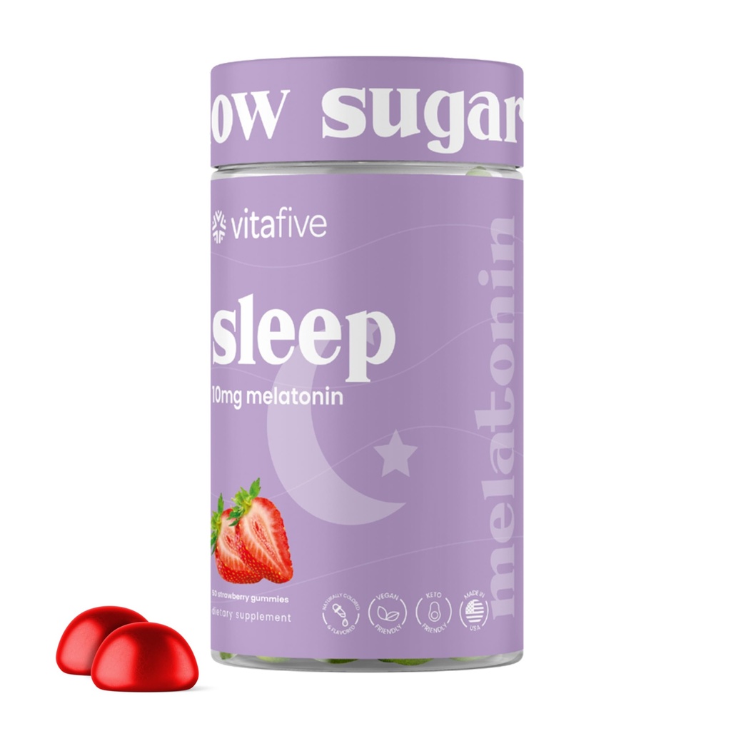 vitafive Extra síla melatoninové gumy, 10 mg melatoninu, spánková pomoc pro dospělé, nízký cukr, vegan, gluten zdarma melatoninový dodatek (50 Ct)