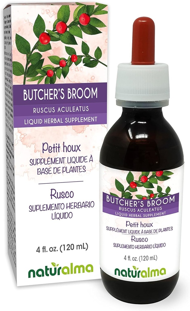 Naturalma Butcher 's Broom (Ruscus aculeatus) Root Alcohol-Free tinktura - 4 fl oz Liquid Extract in Drops - Bylinný dodatek - Vegan