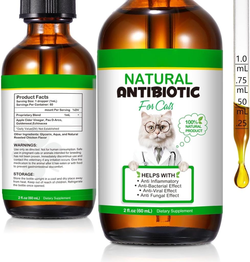 60ML Antibiotika pro kočky, Premium Cat Antibiotika Dodatek, Kočky Multivitamin, Přírodní antibiotika pro kočky, Kočka Antibiotika, Kočka Antibiotika Podporuje imunitní & Kočky Alergie Relief-2 Fl Oz