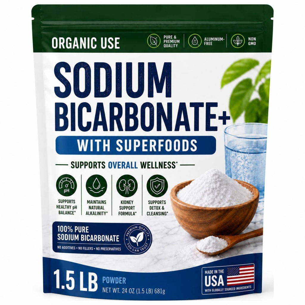 Organické použití Bikarbonát sodný Alkalický dodatek pro alkalitu. Podpora ledvina a žaludeční kyseliny Neutralizer w / Alkalické Superfoods. Bikarbonát sodný Powder Ledviny imunitní podpora Antacid Sport 1.5LB