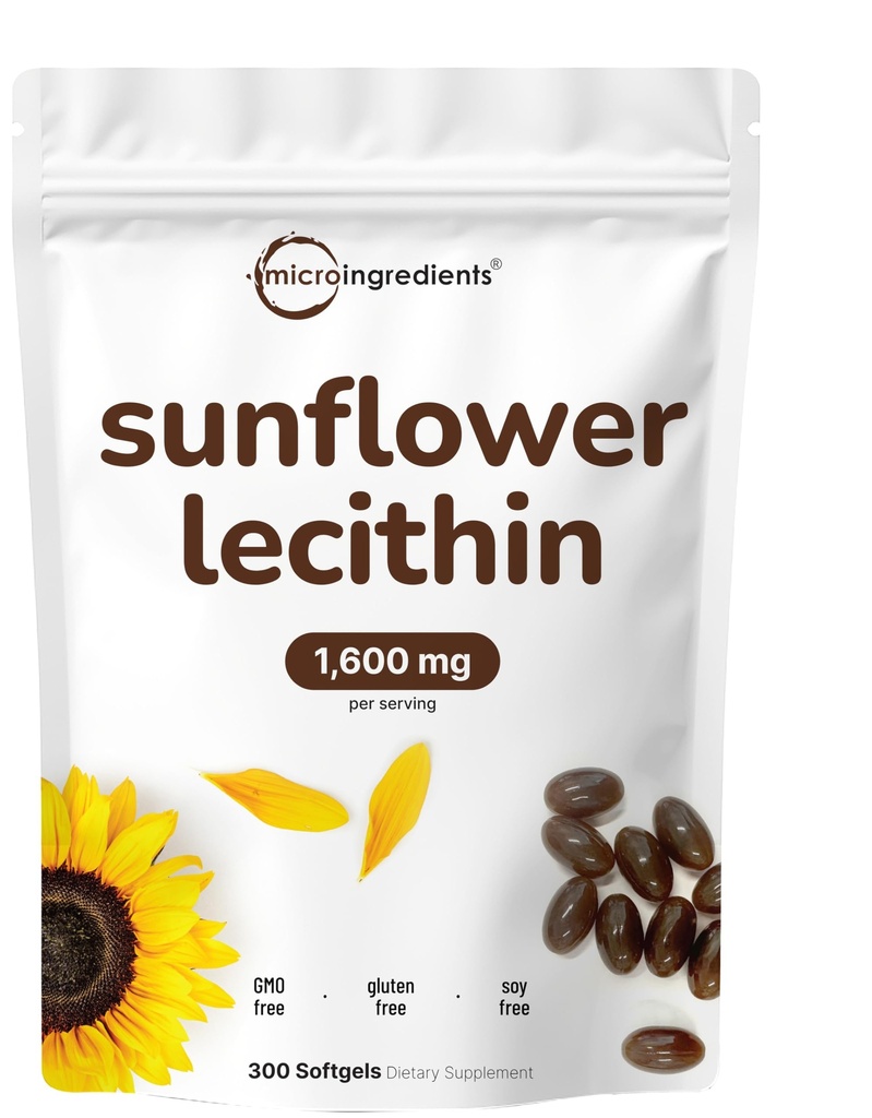 Micro Ingredients Sunflower Lecithin 1,600mg Per Serving, 300 Softgels current 124; Udržitelně pěstovaný zdroj, studená lisovaná, bohatá na fosfatidyl cholin curren124; dodatek k laktaci * Current 124; Soy Free, Non- GMO