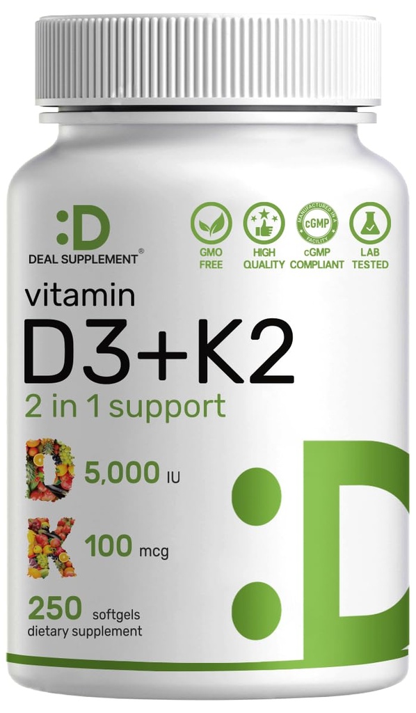 DEAL SUPPLMENT Vitamin D3 5 000 IU + K2 MK7 Softgels, 250 Počet 124; 2- in-1 Komplex 124; Snadno polykat