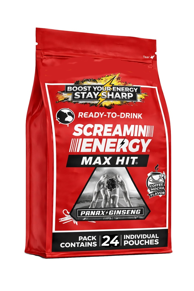 Screamin Energy Max Hit - Energy Shots Extra Strength with Ginseng & Caffeine - 100% B-1, B-2, B-3, B-6, B-7 a B12 Coffee Mocha, 24 Count