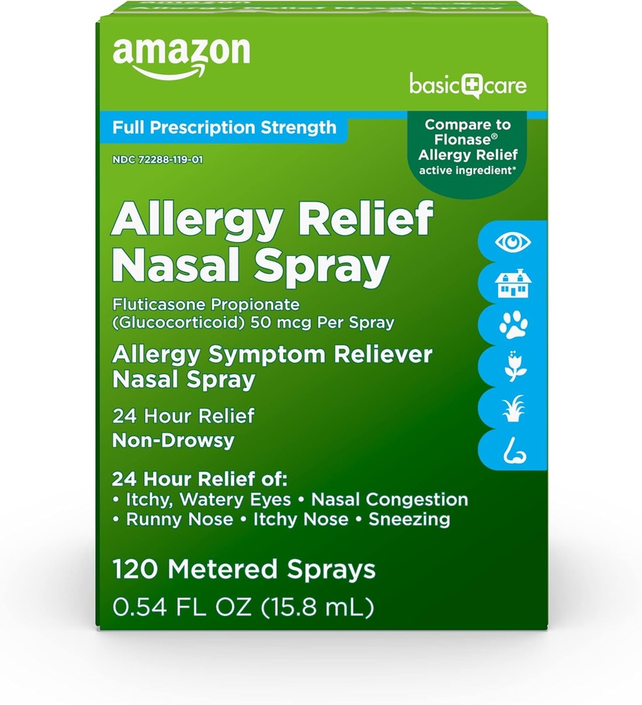 Basic Care 24- Hour Alergie Relief Nasal Spray, Flutikason- propionát (Glucokorticoid), 50 mcg Per Spray, plná síla předepisování, Non- Drowsy, 0, 54 fl oz (balení po 1)