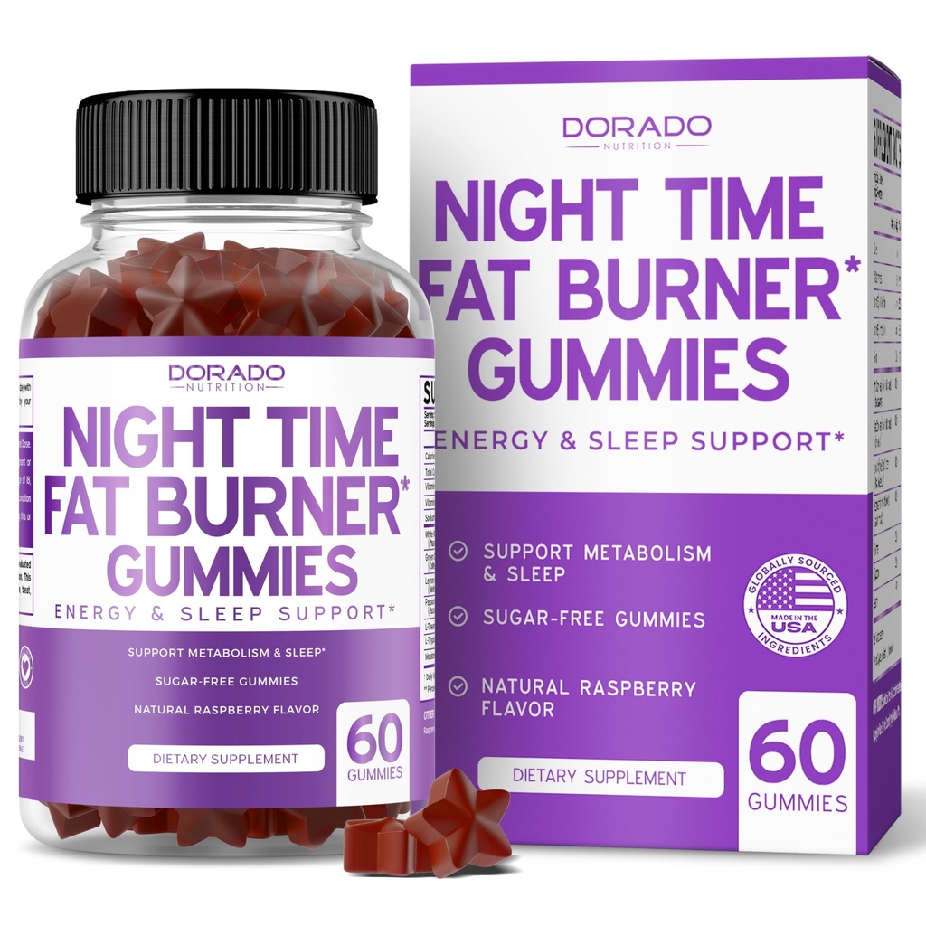 Night Time Fat Burner Gummies (60 Počet) Ztráta hmotnosti & Metabolismus - Sugar- Free - Delicious Raspberry ochucený melatonin dodatek gumy - Vegan Safe - Třetí strana Testováno - Made in USA