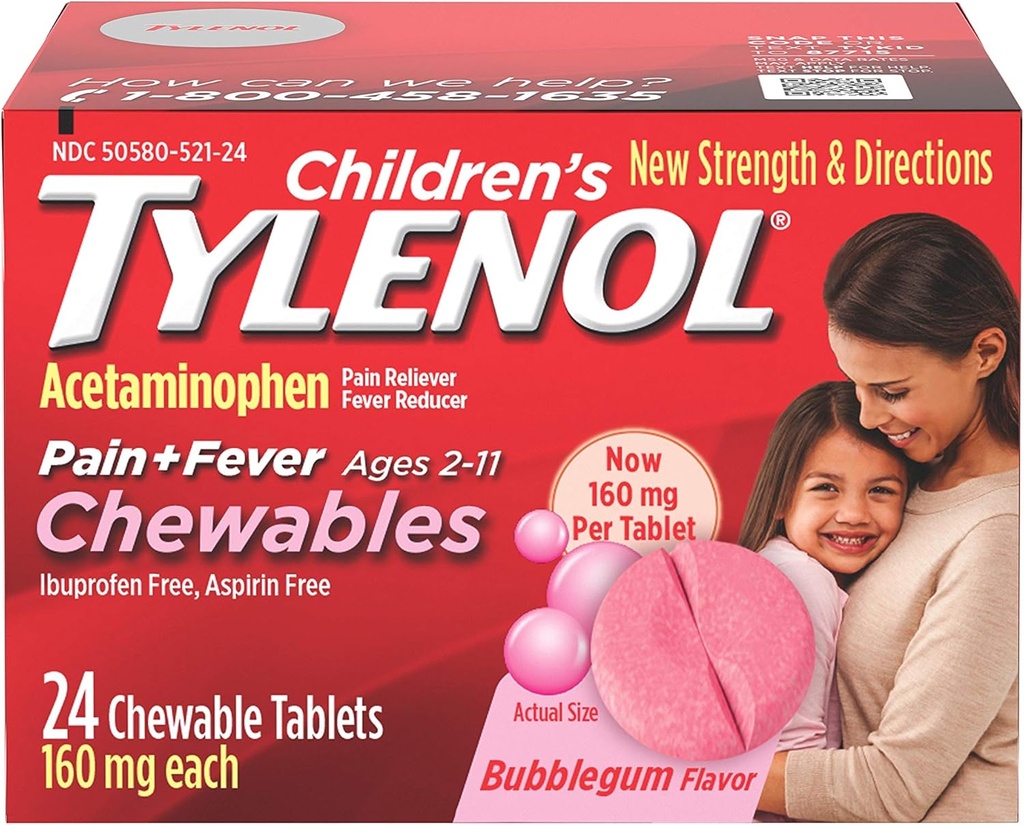 Dětský Tylenol Chewables, Acetaminophen for Pain & Fever Relief, Bubble Gum, 24 ct