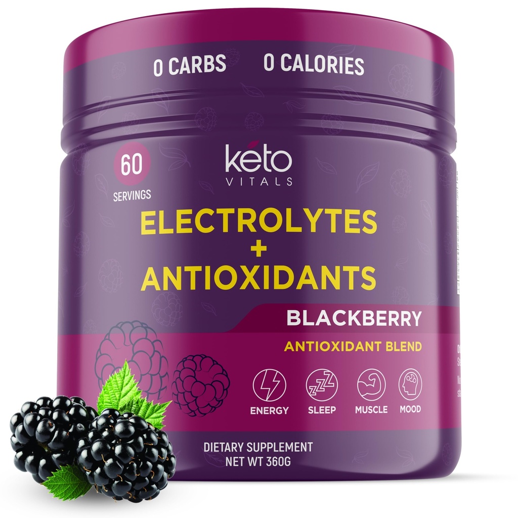 Keto Vitals Antioxidant Electrolytes Powder - Směs Keto Electrolytes s kalium, hořčík, sodík, & vápník - No Sugar Electrolyte Drink Mix & Hydration Powder, 60 Servings, BlackBerry