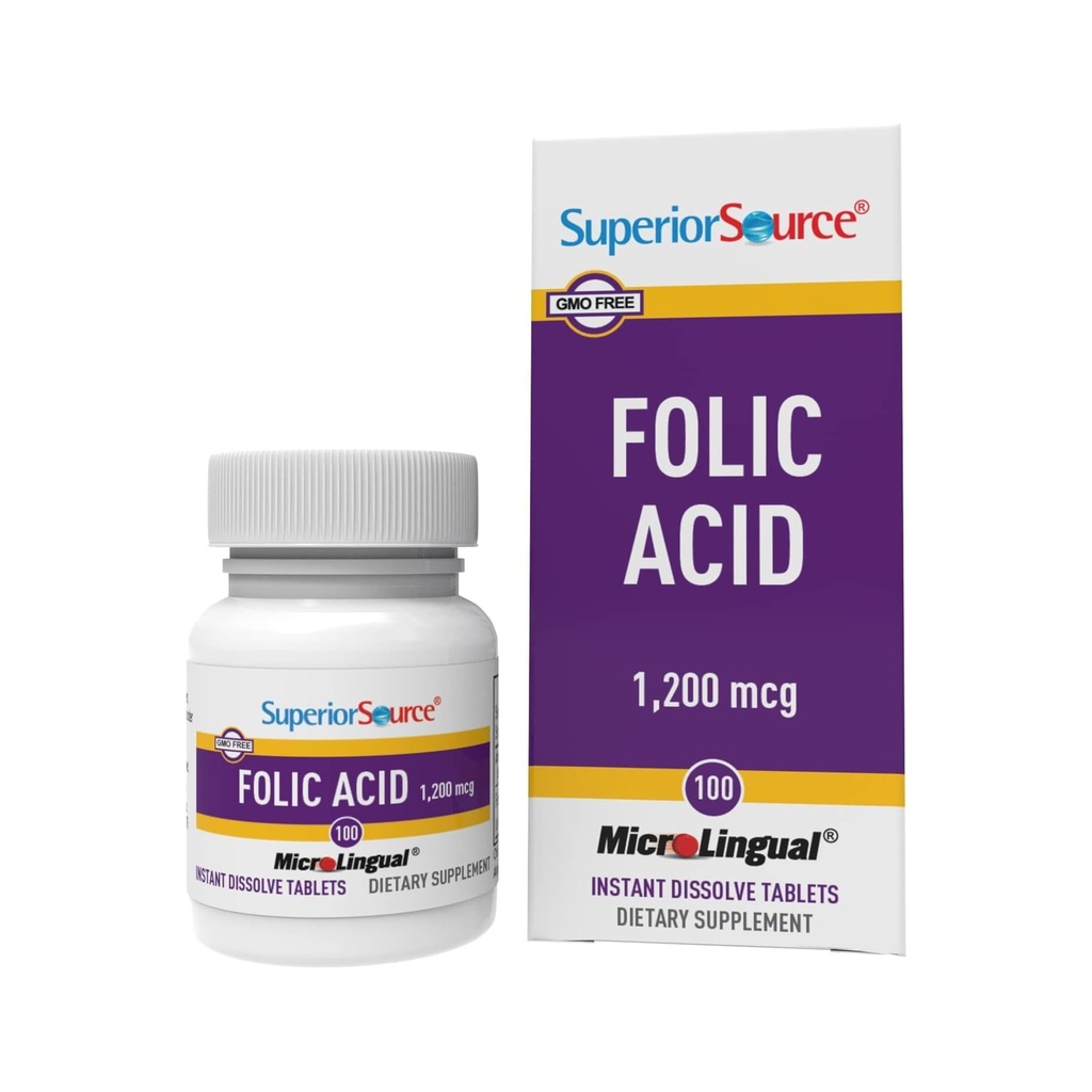 Superior Source Folic Acid 1200 mcg - Podporuje srdce, imunitní a nervový systém - 100 Sublingválních tablet