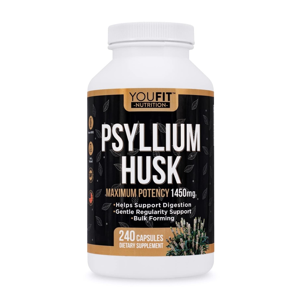 PSYLLIUM Husk Kapsle - Premium Psylium Fiber Dodatek - Promotes Intestinal Health and Regularity - 100% přírodní rozpustný fiber 1450mg per Serving - 240 Kapsle