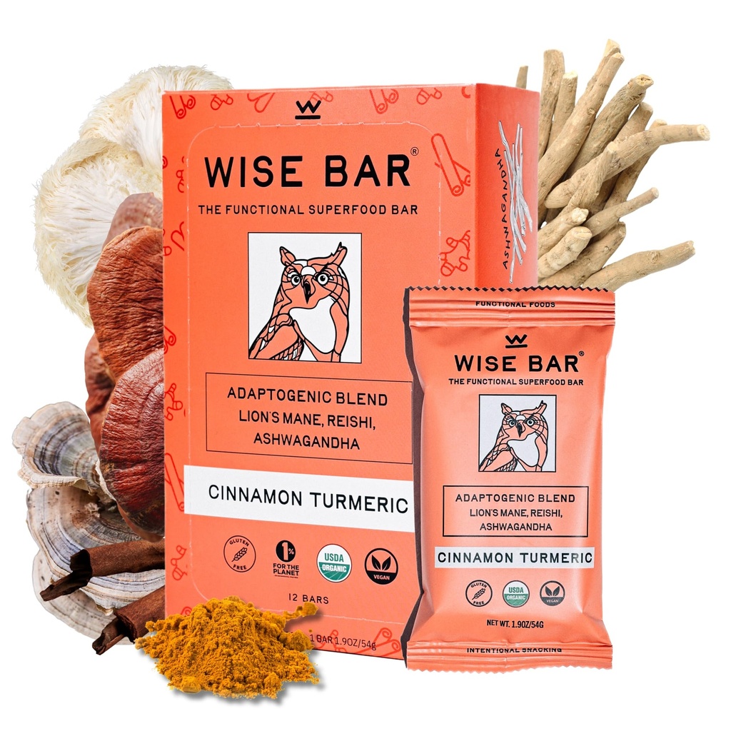 WISE BAR Adaptogen Houba Nutrition Bary s Reishi, Lions Mane & Ashwagandha, Organic Vegan & Gluten zdarma Snacks pro přírodní soustředění, Energy & Imunity Support, Skořice Turmeric Flavor, 12 Počet